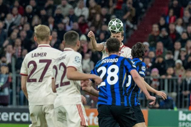 Konrad Laimer (FC Bayern Muenchen, 27), Raphael Guerreiro (FC Bayern Muenchen, 22), Benjamin Pavard (Inter Mailand, 28), Harry Kane (FC Bayern Muenchen, 09), GER, FC Bayern Muenchen vs. Inter Mailand, Fussball, UEFA, Champions League, Viertlfinale, Hinspiel, Spielzeit 2024 2025, 08.04.2025, GER, FC Bayern Muenchen vs. Inter Mailand, Fussball, UEFA, Champions League, Viertlfinale, Hinspiel, Spielzeit 2024 2025, 08.04.2025 Muenchen Copyright: xEibner-Pressefotox EP_EER