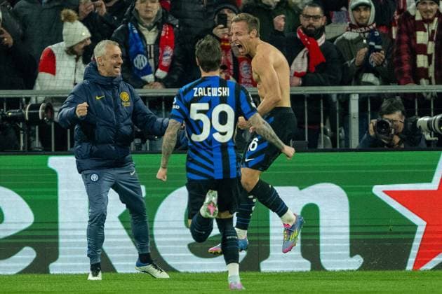 Tor zum 1:2 durch Davide Frattesi (Inter Mailand, 16), mit Nicola Zalewski (Inter Mailand, 59), GER, FC Bayern Muenchen vs. Inter Mailand, Fussball, UEFA, Champions League, Viertlfinale, Hinspiel, Spielzeit 2024 2025, 08.04.2025, GER, FC Bayern Muenchen vs. Inter Mailand, Fussball, UEFA, Champions League, Viertlfinale, Hinspiel, Spielzeit 2024 2025, 08.04.2025 Muenchen Copyright: xEibner-Pressefotox EP_EER