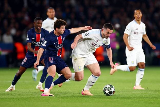 Joao Neves of Paris Saint-Germain and John McGinn of Aston Villa. Paris Saint-Germain v Aston Villa, UEFA Champions League, Quarter-Finals, 1st Leg, Football, Parc des Princes, Paris, France - 09 Apr 2025 EDITORIAL USE ONLY No use with unauthorised audio, video, data, fixture lists, club league logos or live services. Online in-match use limited to 120 images, no video emulation. No use in betting, games or single club league player publications. Copyright: xJamesxMarsh Shutterstockx 15243606ax