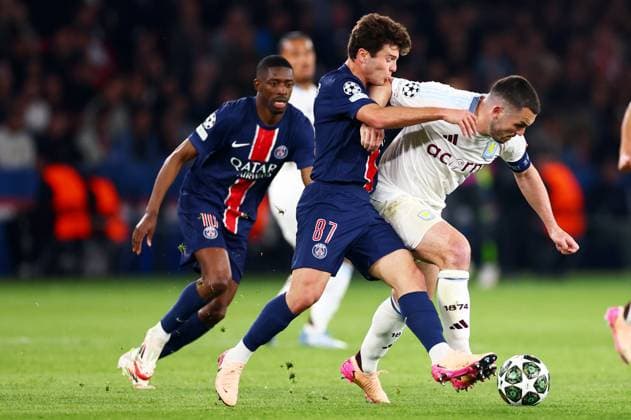 Joao Neves of Paris Saint-Germain and John McGinn of Aston Villa. Paris Saint-Germain v Aston Villa, UEFA Champions League, Quarter-Finals, 1st Leg, Football, Parc des Princes, Paris, France - 09 Apr 2025 EDITORIAL USE ONLY No use with unauthorised audio, video, data, fixture lists, club league logos or live services. Online in-match use limited to 120 images, no video emulation. No use in betting, games or single club league player publications. Copyright: xJamesxMarsh Shutterstockx 15243606ay