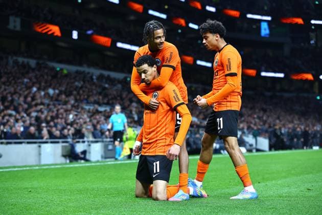 Hugo Ekitike of Eintracht Frankfurt celebrates scoring the opening goal with team-mates Tottenham Hotspur v Eintracht Frankfurt, UEFA Europa League, Quarter Final, First Leg, Football, Tottenham Hotspur Stadium, London, UK - 10 Apr 2025 EDITORIAL USE ONLY No use with unauthorised audio, video, data, fixture lists, club league logos or live services. Online in-match use limited to 120 images, no video emulation. No use in betting, games or single club league player publications. Copyright: xMichaelxZemanek Shutterstockx 15243632ar