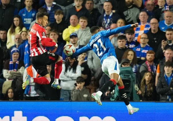 The ball strikes Dujon Sterling of Rangers on the left arm as he defends and attack by Alex Berenguer of Athletic Bilbao inside the Rangers penalty area. Referee Istvan Kovacs awarded a penalty kick to Athletic Bilbao following a VAR review. Rangers v Athletic Bilbao, UEFA Europa League, Quarter Final, First Leg, Football, Ibrox Stadium, Glasgow, Scotland, UK - 10 Apr 2025 EDITORIAL USE ONLY No use with unauthorised audio, video, data, fixture lists, club league logos or live services. Online in-match use limited to 120 images, no video emulation. No use in betting, games or single club league player publications. Copyright: xStuartxWallace Shutterstockx 15243627bo