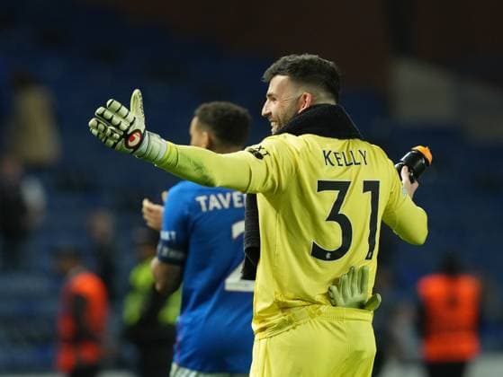 Rangers goalkeeper Liam Kelly waves to the fans at full-time. Kelly saved a penalty kick from Alex Berenguer of Athletic Bilbao. Final score Rangers 0 Athletic Bilbao 0. Rangers v Athletic Bilbao, UEFA Europa League, Quarter Final, First Leg, Football, Ibrox Stadium, Glasgow, Scotland, UK - 10 Apr 2025 EDITORIAL USE ONLY No use with unauthorised audio, video, data, fixture lists, club league logos or live services. Online in-match use limited to 120 images, no video emulation. No use in betting, games or single club league player publications. Copyright: xStuartxWallace Shutterstockx 15243627cl