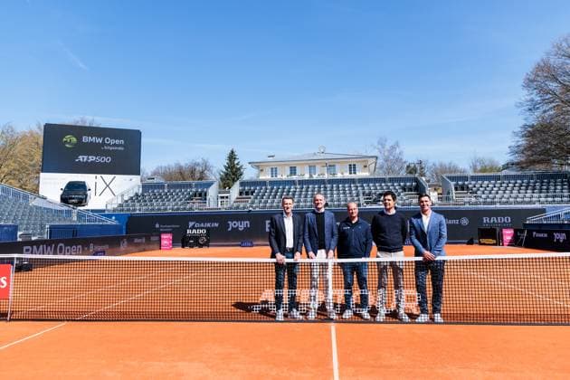 BMW Open München ATP, Tennis Herren 500: Eröffnungspressekonferenz; 11.04.2025 Gruppenfoto Patrik Kühnen, Turnierdirektor BMW Open by Bitpanda, Christian Ach, Leiter BMW Deutschland, Christian Okon, Veranstalter MMP Event, Dr. Fabian Tross, Vorsitzender MTTC Iphitos und Mischa Zverev, Turnierdirektor Allianz Para Trophy BMW Open by Bitpanda München ATP 500: Eröffnungspressekonferenz, München, MTTC Iphitos am 11.04.2025 Copyright: xBEAUTIFULxSPORTS Wunderlx