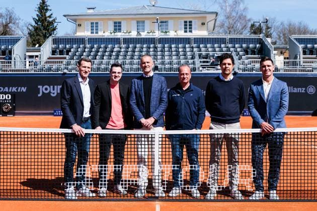BMW Open München ATP, Tennis Herren 500: Eröffnungspressekonferenz; 11.04.2025 Gruppenfoto Patrik Kühnen, Turnierdirektor BMW Open by Bitpanda, Komponist der BMW Open Hymne, Christian Ach, Leiter BMW Deutschland, Christian Okon, Veranstalter MMP Event, Dr. Fabian Tross, Vorsitzender MTTC Iphitos und Mischa Zverev, Turnierdirektor Allianz Para Trophy BMW Open by Bitpanda München ATP 500: Eröffnungspressekonferenz, München, MTTC Iphitos am 11.04.2025 Copyright: xBEAUTIFULxSPORTS Wunderlx