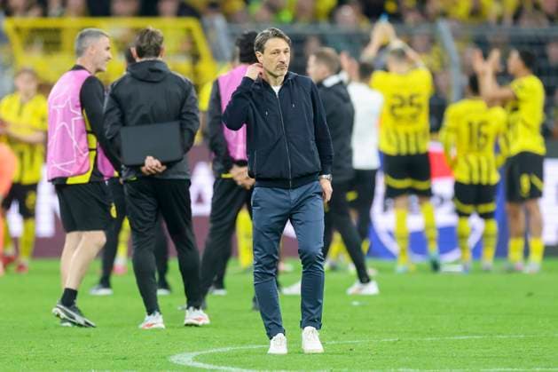 Trainer Nico Kovac (Borussia Dortmund) schaut enttaeuscht, UEFA Champions League 2024 25 Quarter Final Second Leg, Borussia Dortmund and FC Barcelona, Barca Signal Iduan Park am 15. April 2025 in Dortmund, Deutschland. (Foto von Marco Steinbrenner DeFodi Images) Trainer Nico Kovac (Borussia Dortmund) looks dejected, UEFA Champions League 2024 25 Quarter Final Second Leg, Borussia Dortmund and FC Barcelona, BVB Stadion Dortmund, April 15, 2025 in Dortmund, Germany. (Photo by Marco Steinbrenner DeFodi Images)