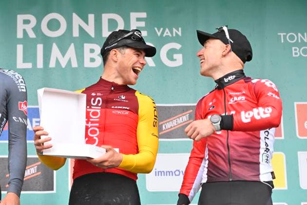 Ronde van Limburg 2025 - Men Elite TONGEREN, BELGIUM - APRIL 16 : Fretin Milan (BEL) of Cofidis and Menten Milan (BEL) of Lotto Cycling Team pictured during the podium ceremony of the 77th edition of the Ronde van Limburg, an UCI Individual Road cycling, Rad, Radsport, Strasse race with start in Hasselt and finish in Tongeren after 178,6 km, organized by Flanders Classics on April 16, 2025 in Tongeren, Belgium, 16 04 2025 ( Motor driver Verfaillie Kenny (BEL) - Tongeren Belgium Copyright: xJanxDexMeuleneirx