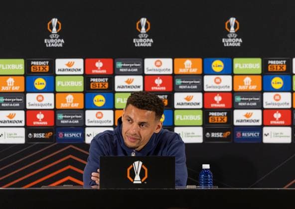 James Tavernier of Rangers during today s press conference, PK, Pressekonferenz to preview tomorrows UEFA Europa League Quarter Final Second Leg match versus Athletic Club. Rangers Press Conference, UEFA Europa League, Quarter Final, First Leg, Football, Estadio de San Mams, Bilbao, Spain - 16 Apr 2025 EDITORIAL USE ONLY No use with unauthorised audio, video, data, fixture lists, club league logos or live services. Online in-match use limited to 120 images, no video emulation. No use in betting, games or single club league player publications. Copyright: xRangersxFC Shutterstockx 15256558ak