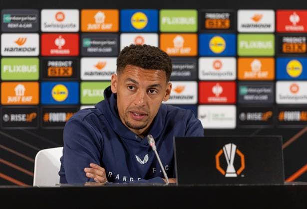 James Tavernier of Rangers during today s press conference, PK, Pressekonferenz to preview tomorrows UEFA Europa League Quarter Final Second Leg match versus Athletic Club. Rangers Press Conference, UEFA Europa League, Quarter Final, First Leg, Football, Estadio de San Mams, Bilbao, Spain - 16 Apr 2025 EDITORIAL USE ONLY No use with unauthorised audio, video, data, fixture lists, club league logos or live services. Online in-match use limited to 120 images, no video emulation. No use in betting, games or single club league player publications. Copyright: xRangersxFC Shutterstockx 15256558ap