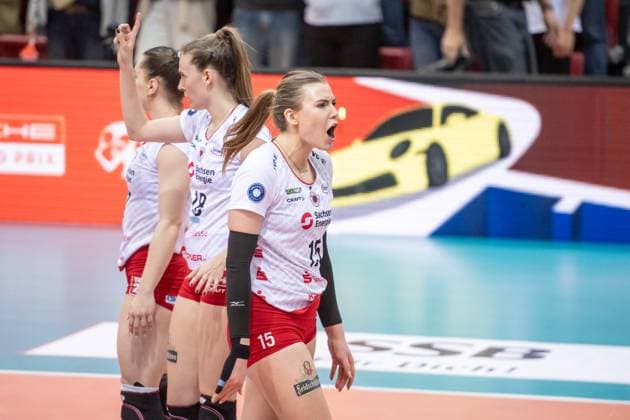 Marta Kamelija Levinska (Dresdner SC, 15) - Jubelschrei GER, Allianz MTV Stuttgart - Dresdner SC, Volleyball Bundesliga, VBL, Spielzeit 2024 2025, 16.04.2025 GER, Allianz MTV Stuttgart - Dresdner SC, Volleyball Bundesliga, VBL, Spielzeit 2024 2025, 16.04.2025 Stuttgart Copyright: xSandyxDinkelackerx EP_SDR