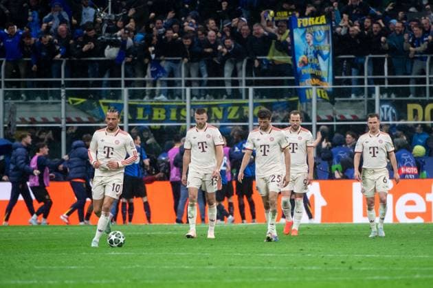 Leroy Sane (FC Bayern Muenchen, 10), Eric Dier (FC Bayern Muenchen, 15), Thomas Mueller (FC Bayern Muenchen, 25), Harry Kane (FC Bayern Muenchen, 09), Joshua Kimmich (FC Bayern Muenchen, 06) aergert sich ueber das Tor zum 1:1, ITA, Inter Mailand vs FC Bayern Muenchen, Fussball, UEFA Champions League, Viertelfinale Rueckspiel, Saison 2024 2025, 16.04.2025 ITA, Inter Mailand vs FC Bayern Muenchen, Fussball, UEFA Champions League, Viertelfinale Rueckspiel, Saison 2024 2025, 16.04.2025 Milano Copyright: xEibner-Pressefoto Memmlerx EP_MMR