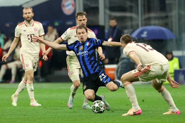 NICOLO BARELLA, Inter, JOSHUA, KIMMICH, Bayern Monaco, Champions League, 2024-25, Inter vs Bayern Munich 2-2, 16-04-2025, Contrasto, Action CHAMPIONS LEAGUE 2024-25 INTER-BAYERN MONACO 2-2