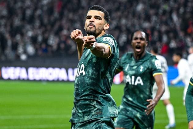 Dominic Solanke (Tottenham Hotspur, 19) bejubelt das Tor zum 0:1, GER, Eintracht Frankfurt vs. Tottenham Hotspur, Fussball, UEFA Europa League, Viertelfinale, Saison 2024 2025, 17.04.2025. GER, Eintracht Frankfurt vs. Tottenham Hotspur, Fussball, UEFA Europa League, Viertelfinale, Saison 2024 2025, 17.04.2025. Frankfurt Copyright: xEibner-Pressefoto FlorianxWiegandx EP_FWD