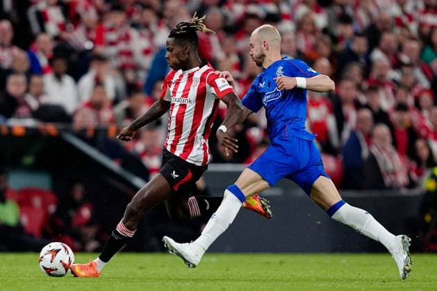 Nico Williams of Athletic Bilbao under pressure from Vaclav Cerný of Rangers Athletic Bilbao v Rangers, UEFA Europa League, Quarter Final, First Leg, Football, Estadio de San Mams, Bilbao, Spain - 17 Apr 2025 EDITORIAL USE ONLY No use with unauthorised audio, video, data, fixture lists, club league logos or live services. Online in-match use limited to 120 images, no video emulation. No use in betting, games or single club league player publications. Copyright: xGokhanxTaner Shutterstockx 15253954cr