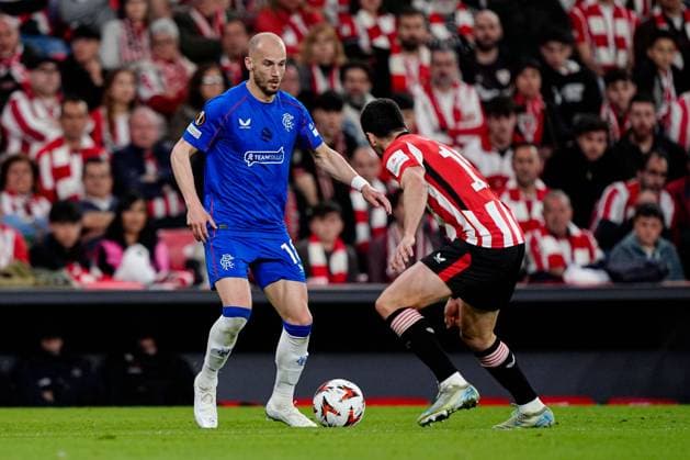 Vaclav Cerný of Rangers under pressure Athletic Bilbao v Rangers, UEFA Europa League, Quarter Final, First Leg, Football, Estadio de San Mams, Bilbao, Spain - 17 Apr 2025 EDITORIAL USE ONLY No use with unauthorised audio, video, data, fixture lists, club league logos or live services. Online in-match use limited to 120 images, no video emulation. No use in betting, games or single club league player publications. Copyright: xGokhanxTaner Shutterstockx 15253954dr