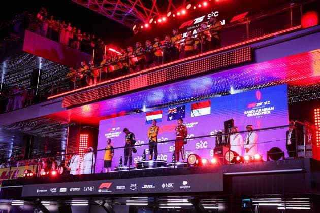 F1 - SAUDI ARABIAN GRAND PRIX 2025 PIASTRI Oscar (aus), McLaren F1 Team MCL39, VERSTAPPEN Max (ned), Red Bull Racing RB21, LECLERC Charles (mco), Scuderia Ferrari SF-25, portrait during the Formula 1 STC Saudi Arabian Grand Prix 2025, 5th round of the 2025 FIA Formula One World Championship, WM, Weltmeisterschaft from April 18 to 20, 2025 on the Jeddah Corniche Circuit, in Jeddah, Saudi Arabia - JeddahSaudi Arabia Copyright: xFLORENTxGOODENx