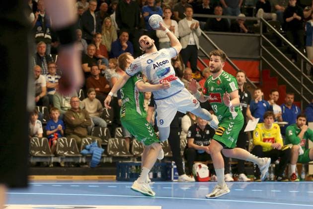21.04.2025, Herren, Handball, Saison 2024 2025, 2. Handball-Bundesliga, 28. Spieltag: TV Grosswallstadt - TSV GWD Minden Florian Kranzmann ( 5, GWD Minden), Yessine Meddeb ( 9, TV Grosswallstadt), Ian Weber ( 13, GWD Minden) Elsenfeld Untermainhalle Bayern Deutschland