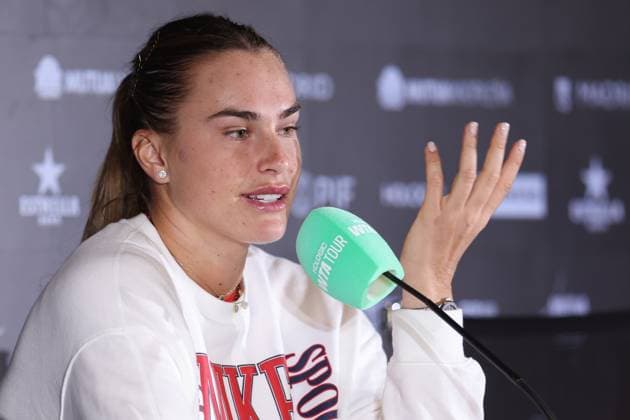 April 23, 2025, Madrid, Madrid, SPAIN: Aryna Sabalenka of Belarus attends her press conference, PK, Pressekonferenz during the Mutua Madrid Open 2025, ATP, Tennis Herren Masters 1000 and WTA, Tennis Damen 1000, tennis tournament celebrated at Caja Magica on April 23, 2025 in Madrid, Spain. Madrid SPAIN - ZUMAa181 20250423_zaa_a181_096 Copyright: xIrinaxR.xHipolitox