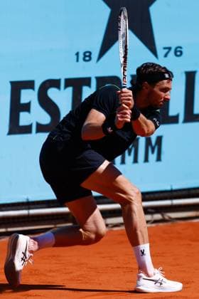 April 23, 2025, Madrid, Madrid, SPAIN: Arthur Rinderknech of France in action against Roman Safiullin of Russia during the Mutua Madrid Open 2025, ATP, Tennis Herren Masters 1000 and WTA, Tennis Damen 1000, tennis tournament celebrated at Caja Magica on April 23, 2025 in Madrid, Spain. Madrid SPAIN - ZUMAa181 20250423_zaa_a181_093 Copyright: xDennisxAgyemanx