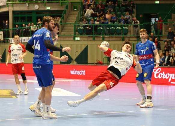 v.l. Jerome Mueller (HBW Balingen-Weilstetten 21), Gerdas Barbarskas (Bergischer HC 14), Bennet Strobel (HBW Balingen-Weilstetten 11), Johannes Wasielewski (Bergischer HC 77) Bergischer HC 06 vs. HBW Balingen-Weilstetten, Handball, 2. HBL, Spielzeit 2024 2025, 23.04.2025 Bergischer HC 06 vs. HBW Balingen-Weilstetten, Handball, 2. HBL, Spielzeit 2024 2025, 23.04.2025 Wuppertal