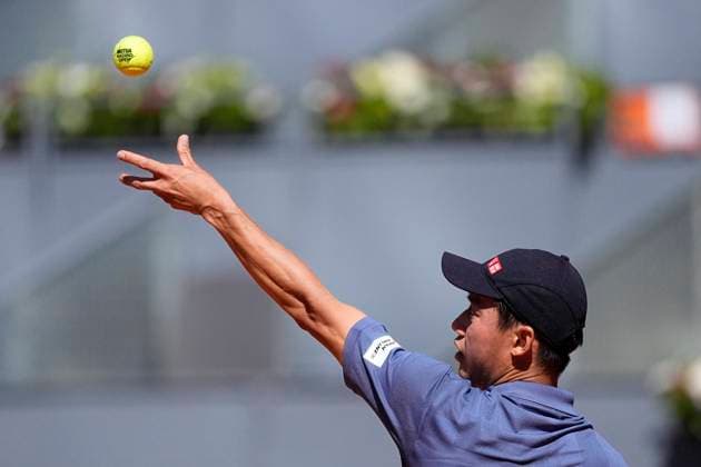 April 24, 2025, Madrid, Madrid, Spain: Kei Nishikori of Japan in action against Aleksandar Vukic of Australia during the Mutua Madrid Open 2025, ATP, Tennis Herren Masters 1000 and WTA, Tennis Damen 1000 tennis tournament, celebrated at Caja Magica on April 24, 2025 in Madrid, Spain. Madrid Spain - ZUMAa181 20250424_zaa_a181_001 Copyright: xOscarxJ.xBarrosox