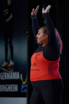 Emily Jade Campbell (SV Germania Obrigheim) Reissen, Freude, Jubel GER, Deutsche Mannschaftsmeisterschaft Gewichtheben, Bundesliga-Finale im Gewichtheben, Deutsche Mannschaftsmeisterschaft, 1. Bundesliga, Saison 2024 2025, 26.04.2025 GER, Deutsche Mannschaftsmeisterschaft Gewichtheben, Bundesliga-Finale im Gewichtheben, Deutsche Mannschaftsmeisterschaft, 1. Bundesliga, Saison 2024 2025, 26.04.2025 Heidelberg