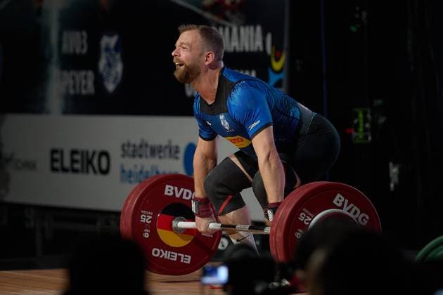 Simon Brandhuber (AV 03 Speyer) beim Stossen GER, Deutsche Mannschaftsmeisterschaft Gewichtheben, Bundesliga-Finale im Gewichtheben, Deutsche Mannschaftsmeisterschaft, 1. Bundesliga, Saison 2024 2025, 26.04.2025 GER, Deutsche Mannschaftsmeisterschaft Gewichtheben, Bundesliga-Finale im Gewichtheben, Deutsche Mannschaftsmeisterschaft, 1. Bundesliga, Saison 2024 2025, 26.04.2025 Heidelberg