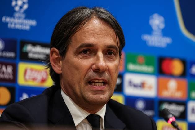 April 29, 2025, Barcelona, Barcelona, SPAIN: Simone Inzaghi, head coach of FC Internazionale attends his press conference, PK, Pressekonferenz during the training day of FC Internazionale Milano ahead the UEFA Champions League, football match against FC Barcelona, Barca at Estadi Olympic Lluis Companys on April 29, 2025 in Barcelona, Spain. Barcelona SPAIN - ZUMAa181 20250429_zaa_a181_454 Copyright: xJavierxBorregox