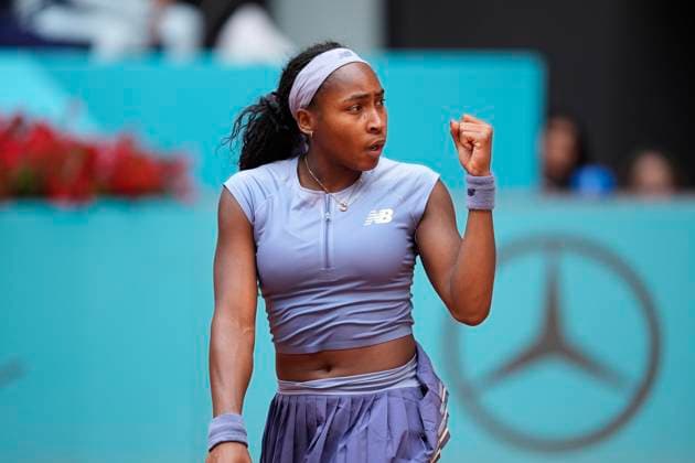 April 30, 2025, Madrid, Madrid, Spain: Coco Gauff of USA reacts after winning against Mirra Andreeva of Russia during the Mutua Madrid Open 2025, ATP, Tennis Herren Masters 1000 and WTA, Tennis Damen 1000 tennis tournament, celebrated at Caja Magica on April 30, 2025 in Madrid, Spain. Madrid Spain - ZUMAa181 20250430_zaa_a181_074 Copyright: xOscarxJ.xBarrosox