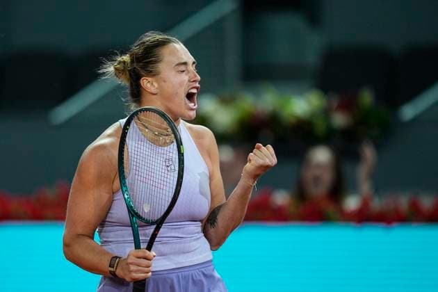 April 30, 2025, Madrid, Madrid, Spain: Aryna Sabalenka of Russia reacts after winning against Marta Kostiuk of Ukraine during the Mutua Madrid Open 2025, ATP, Tennis Herren Masters 1000 and WTA, Tennis Damen 1000 tennis tournament, celebrated at Caja Magica on April 30, 2025 in Madrid, Spain. Madrid Spain - ZUMAa181 20250430_zaa_a181_331 Copyright: xOscarxJ.xBarrosox