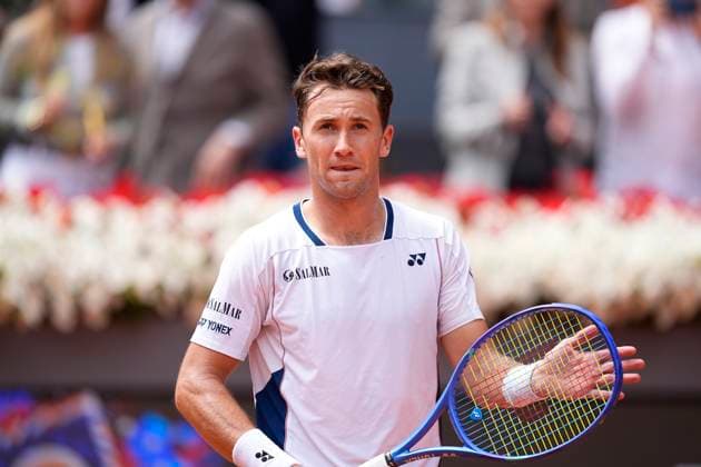 May 1, 2025, Madrid, Madrid, Spain: Casper Ruud of Norway reacts after winning against Daniil Medvedev of Russia during the Mutua Madrid Open 2025, ATP, Tennis Herren Masters 1000 and WTA, Tennis Damen 1000 tennis tournament, celebrated at Caja Magica on May 01, 2025 in Madrid, Spain. Madrid Spain - ZUMAa181 20250501_zaa_a181_046 Copyright: xOscarxJ.xBarrosox