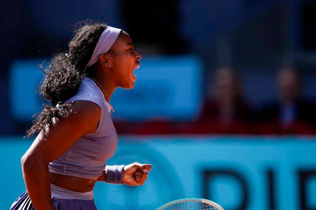May 1, 2025, Madrid, Madrid, Spain: Coco Gauff of USA reacts after winning against Iga Swiatek of Poland during the Mutua Madrid Open 2025, ATP, Tennis Herren Masters 1000 and WTA, Tennis Damen 1000 tennis tournament, celebrated at Caja Magica on May 01, 2025 in Madrid, Spain. Madrid Spain - ZUMAa181 20250501_zaa_a181_104 Copyright: xOscarxJ.xBarrosox