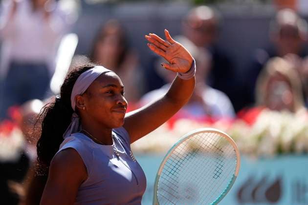 May 1, 2025, Madrid, Madrid, Spain: Coco Gauff of USA reacts after winning against Iga Swiatek of Poland during the Mutua Madrid Open 2025, ATP, Tennis Herren Masters 1000 and WTA, Tennis Damen 1000 tennis tournament, celebrated at Caja Magica on May 01, 2025 in Madrid, Spain. Madrid Spain - ZUMAa181 20250501_zaa_a181_108 Copyright: xOscarxJ.xBarrosox