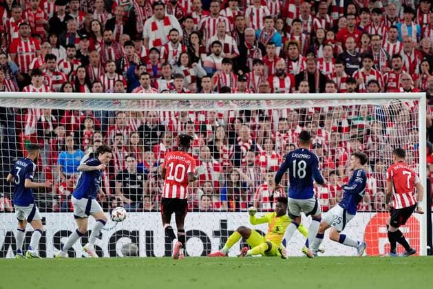 Victor Lindelof of Manchester United, ManU clears a shot off the line Athletic Bilbao v Manchester United, UEFA Europa League, Semi Final, First Leg, Football, Estadio de San Mames, Bilbao, Spain - 01 May 2025 EDITORIAL USE ONLY No use with unauthorised audio, video, data, fixture lists, club league logos or live services. Online in-match use limited to 120 images, no video emulation. No use in betting, games or single club league player publications. Copyright: xGokhanxTaner Shutterstockx 15278833cs