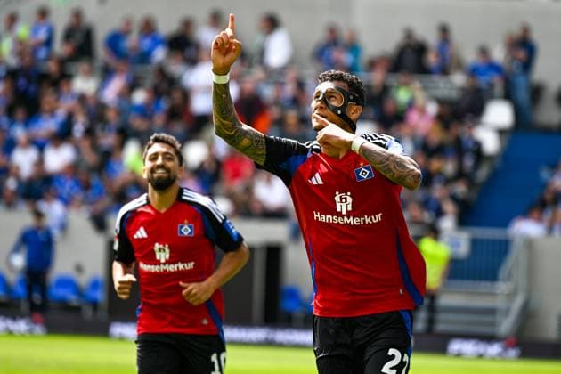 Davie Selke (Hamburger SV, 27) bejubelt das Tor zum 0:3, GER, SV Darmstadt 98 vs. Hamburger SV, 2. Bundesliga, Fussball, 32. Spieltag, Saison 2024 2025, 03.05.2025. DFL REGULATIONS PROHIBIT ANY USE OF PHOTOGRAPHS as IMAGE SEQUENCES and or QUASI-VIDEO. GER, SV Darmstadt 98 vs. Hamburger SV, 2. Bundesliga, Fussball, 32. Spieltag, Saison 2024 2025, 03.05.2025. Darmstadt