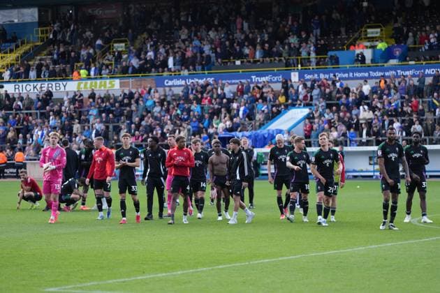 Salford City players on the pitch at full-time after failing to qualify for the EFL League 2 Play-offs. Final score Carlisle United 2 Salford City 2. Carlisle United v Salford City, EFL Sky Bet League Two, Football, Brunton Park, Carlisle, UK - 03 May 2025 EDITORIAL USE ONLY No use with unauthorised audio, video, data, fixture lists, club league logos or live services. Online in-match use limited to 120 images, no video emulation. No use in betting, games or single club league player publications. Copyright: xStuartxWallace Shutterstockx 15280182dc