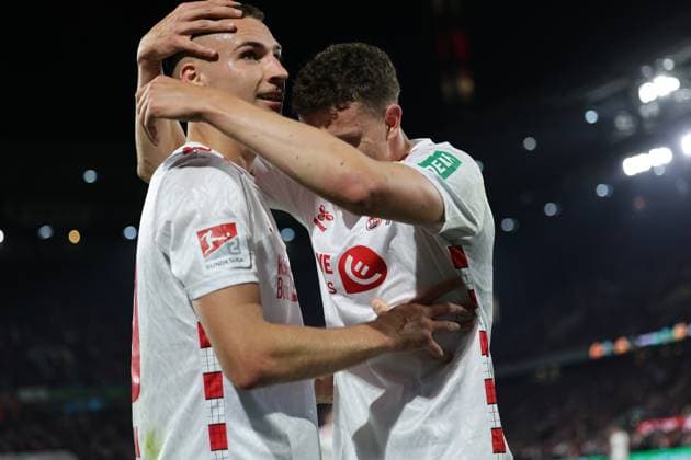 GER, 2.FBL, 1. FC Koeln vs. SSV Jahn Regensburg 03.05.2025, Rheinenergie Stadion, Koeln, GER, 2.FBL, 1. FC Koeln vs. SSV Jahn Regensburg, im Bild: 1:0 fuer Koeln durch Tim Lemperle (FC Koeln 19), Torjubel Jubel Jubellauf, mit Eric Martel (FC Koeln 6),