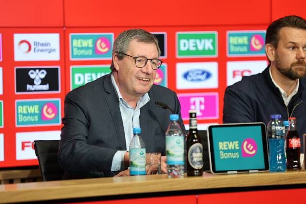 GER, 2.FBL, PK 1. FC Koeln, kurzfristige Trainervorstellung 05.05.2025, Rheinenergie Stadion, Koeln, GER, 2.FBL, PK 1. FC Koeln, kurzfristige Trainervorstellung , im Bild: Dr. Werner Wolf Praesident (1.FC Koeln), Thomas Kessler vorrübergehend Geschäftsführer (1. FC Koeln),