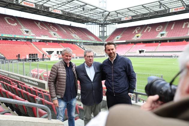 GER, 2.FBL, PK 1. FC Koeln, kurzfristige Trainervorstellung 05.05.2025, Rheinenergie Stadion, Koeln, GER, 2.FBL, PK 1. FC Koeln, kurzfristige Trainervorstellung , im Bild: v.l. Friedhelm Funkel neuer Chefrainer bis Saisonende, Headcoach (1.FC Koeln), Dr. Werner Wolf Praesident (1.FC Koeln), Thomas Kessler vorrübergehend Geschäftsführer (1. FC Koeln),