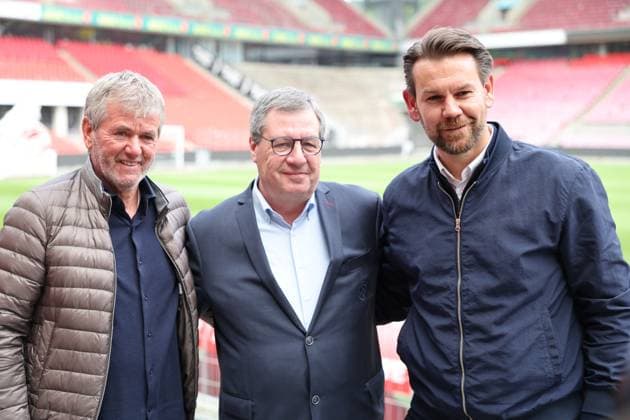 Sport Bilder des Tages GER, 2.FBL, PK 1. FC Koeln, kurzfristige Trainervorstellung 05.05.2025, Rheinenergie Stadion, Koeln, GER, 2.FBL, PK 1. FC Koeln, kurzfristige Trainervorstellung , im Bild: Dr. Werner Wolf Praesident (1.FC Koeln), mitte Thomas Kessler vorrübergehend Geschäftsführer (1. FC Koeln), Friedhelm Funkel neuer Chefrainer bis Saisonende, Headcoach (1.FC Koeln),