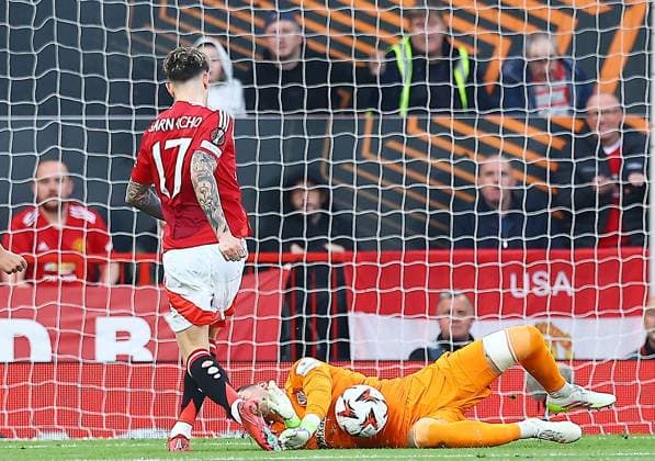 Athletic Bilbao goalkeeper Julen Agirrezabala makes a save from Alejandro Garnacho of Manchester United, ManU Manchester United v Athletic Bilbao, UEFA Europa League, Semi Final, Second Leg, Football, Old Trafford, Manchester, UK - 08 May 2025 EDITORIAL USE ONLY No use with unauthorised audio, video, data, fixture lists, club league logos or live services. Online in-match use limited to 120 images, no video emulation. No use in betting, games or single club league player publications. Copyright: xMattxWest Shutterstockx 15288260s