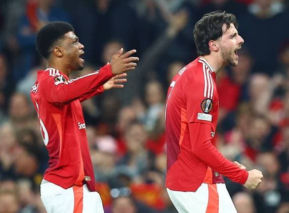 Mason Mount of Manchester United, ManU celebrates scoring a goal to make it 1-1 Manchester United v Athletic Bilbao, UEFA Europa League, Semi Final, Second Leg, Football, Old Trafford, Manchester, UK - 08 May 2025 EDITORIAL USE ONLY No use with unauthorised audio, video, data, fixture lists, club league logos or live services. Online in-match use limited to 120 images, no video emulation. No use in betting, games or single club league player publications. Copyright: xMattxWest Shutterstockx 15288260am