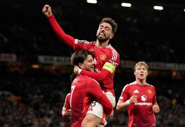 Manchester, England, 8th May 2025. Mason Mount of Manchester United, ManU celebrates scoring his sides first goal with Bruno Fernandes of Manchester United during the Manchester United vs Athletic Bilbao UEFA Europa League Semi Final, 2nd Leg match at Old Trafford, Manchester. Picture credit should read: Andrew Yates Sportimage EDITORIAL USE ONLY. No use with unauthorised audio, video, data, fixture lists, club league logos or live services. Online in-match use limited to 120 images, no video emulation. No use in betting, games or single club league player publications. SPI_096_AY_MANCHESTER_UNITED_V_ATHLETIC_BILBAO SPI-3917-0096