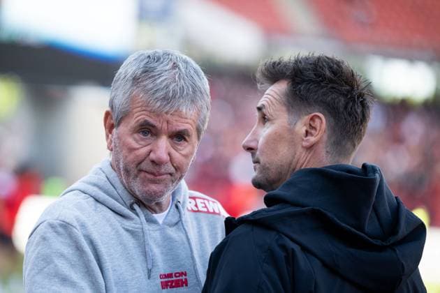 Friedhelm Funkel (FC Koeln, Trainer), Miroslav Klose (FC Nuernberg, Trainer), GER, 1. FC Nuernberg (FCN) vs 1. FC Koeln (KOE), Fussball 2. Bundesliga, 33. Spieltag, Saison 2024 2025, 09.05.2025 DFB DFL regulations prohibit any use of photographs as image sequences and or quasi-video GER, 1. FC Nuernberg (FCN) vs 1. FC Koeln (KOE), Fussball 2. Bundesliga, 33. Spieltag, Saison 2024 2025, 09.05.2025 Nuernberg