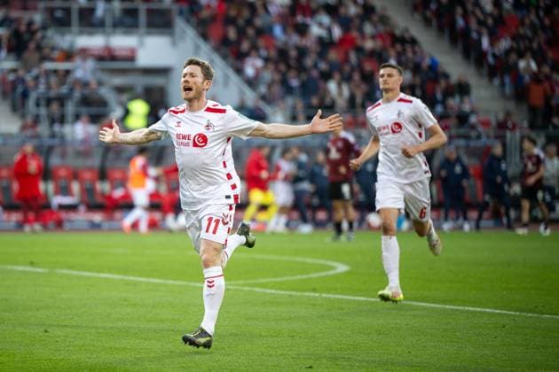 Florian Kainz (FC Koeln, 11), Eric Martel (FC Koeln, 06) jubeln ueber das Tor zum 1:1, GER, 1. FC Nuernberg (FCN) vs 1. FC Koeln (KOE), Fussball 2. Bundesliga, 33. Spieltag, Saison 2024 2025, 09.05.2025 DFB DFL regulations prohibit any use of photographs as image sequences and or quasi-video GER, 1. FC Nuernberg (FCN) vs 1. FC Koeln (KOE), Fussball 2. Bundesliga, 33. Spieltag, Saison 2024 2025, 09.05.2025 Nuernberg