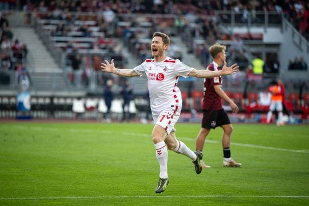 Florian Kainz (FC Koeln, 11) jubelt ueber das Tor zum 1:1 Ausgleich, GER, 1. FC Nuernberg (FCN) vs 1. FC Koeln (KOE), Fussball 2. Bundesliga, 33. Spieltag, Saison 2024 2025, 09.05.2025 DFB DFL regulations prohibit any use of photographs as image sequences and or quasi-video GER, 1. FC Nuernberg (FCN) vs 1. FC Koeln (KOE), Fussball 2. Bundesliga, 33. Spieltag, Saison 2024 2025, 09.05.2025 Nuernberg