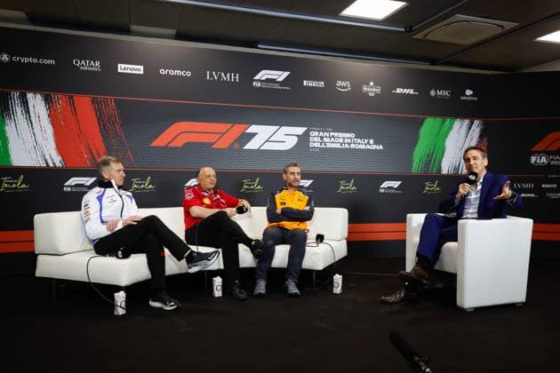 F1 - EMILIA ROMAGNA GRAND PRIX 2025 GOSS Tim (gbr), Chief Technical Officer of Visa Cash App RB F1 Team, portrait, VASSEUR Frà dà ric (fra), Team Principal & General Manager of the Scuderia Ferrari, portrait, STELLA Andrea (ita), Team Principal of McLaren F1 Team, portrait in the Teams press conference, PK, Pressekonferenz during the Formula 1 AWS Gran Premio del Made in Italy e Dell™Emilia-Romagna 2025, Emilia Romagna Grand Prix 2025, 7th round of the 2025 FIA Formula One World Championship, WM, Weltmeisterschaft from May 16 to 18, 2025 on the Autodromo Internazionale Enzo e Dino Ferrari, in Imola, Italy - ImolaItaly Copyright: xJavierxJimenezx