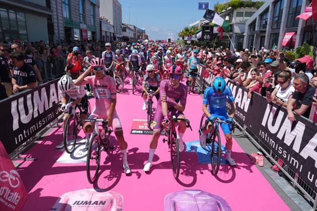 Ayuso Pesquera Juan of Uae Team Emirates Xrg, white jersey, Del Toro Romero Isaac of Uae Team Emirates Xrg, pink jersey, Pedersen Mads of Lidl-Trek, cyclamen jersey, Fortunato Lorenzo of Xds Astana Team, blue jersey, during the stage 11 of the Giro d™Italia from Viareggio to Castelnovo ne Monti, Italy - Wednesday, May 21, 2025. - cycling. Copyright: xGianxMattiaxD Alberto LaPressex