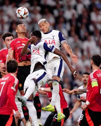 Casemiro of Manchester United, ManU and Richarlison of Tottenham Hotspur compete in the air Tottenham Hotspur v Manchester United, Europa League Final, Football, San Mames Stadium, Bilbao, Spain - 21 May 2025 EDITORIAL USE ONLY No use with unauthorised audio, video, data, fixture lists, club league logos or live services. Online in-match use limited to 120 images, no video emulation. No use in betting, games or single club league player publications. Copyright: xGokhanxTaner Shutterstockx 15312892cy