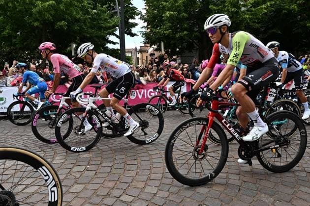 May 23, 2025, Rovigo, ITALY: Italian rider Lorenzo Fortunato of XDS Astana Team wearing the best climber s blue jersey, danish rider Mads Pedersen of Team Lidl - Trek wearing the points classification leader s cyclamen jersey, mexican rider Isaac Del Toro Romero of Uae Team Emirates Xrg wearing the overall leader s pink jersey, spanish rider Juan Ayuso Pesquera of Uae Team Emirates Xrg wearing the best young rider s white jersey, waiting to the start for the 13th stage of the 108 Giro d Italia 2025, cycling race over 180 km from Rovigo to Vicenza, Italy, 23 May 2025. ANSA LUCA ZENNARO. Giro D Italia Cycling Tour - Stage 13 - ZUMAa110 20250523_zaf_a110_009 Copyright: xLucaxZennarox